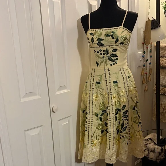 Sue Wong Vintage Yellow and Green Embroidered Midi Dress - Picture 1 of 10